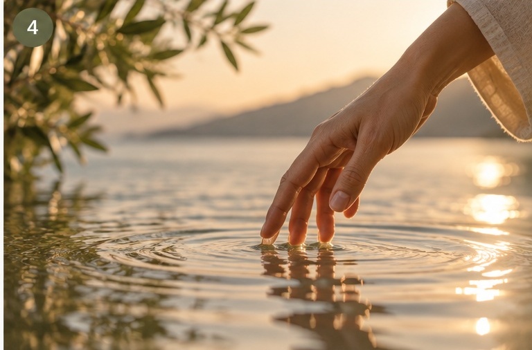 Hand touching calm water in warm evening light