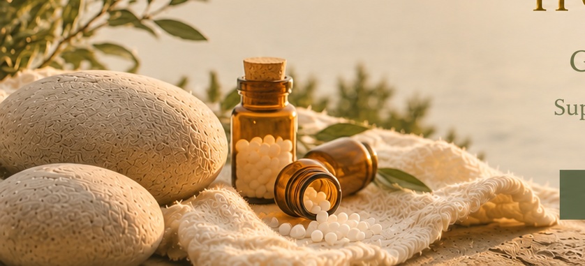 Homeopathic remedy bottles and natural stones