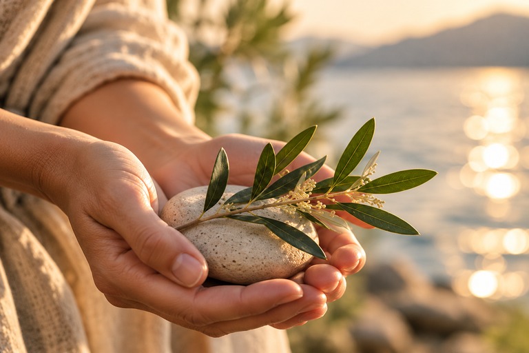 Olive branch held in warm natural light